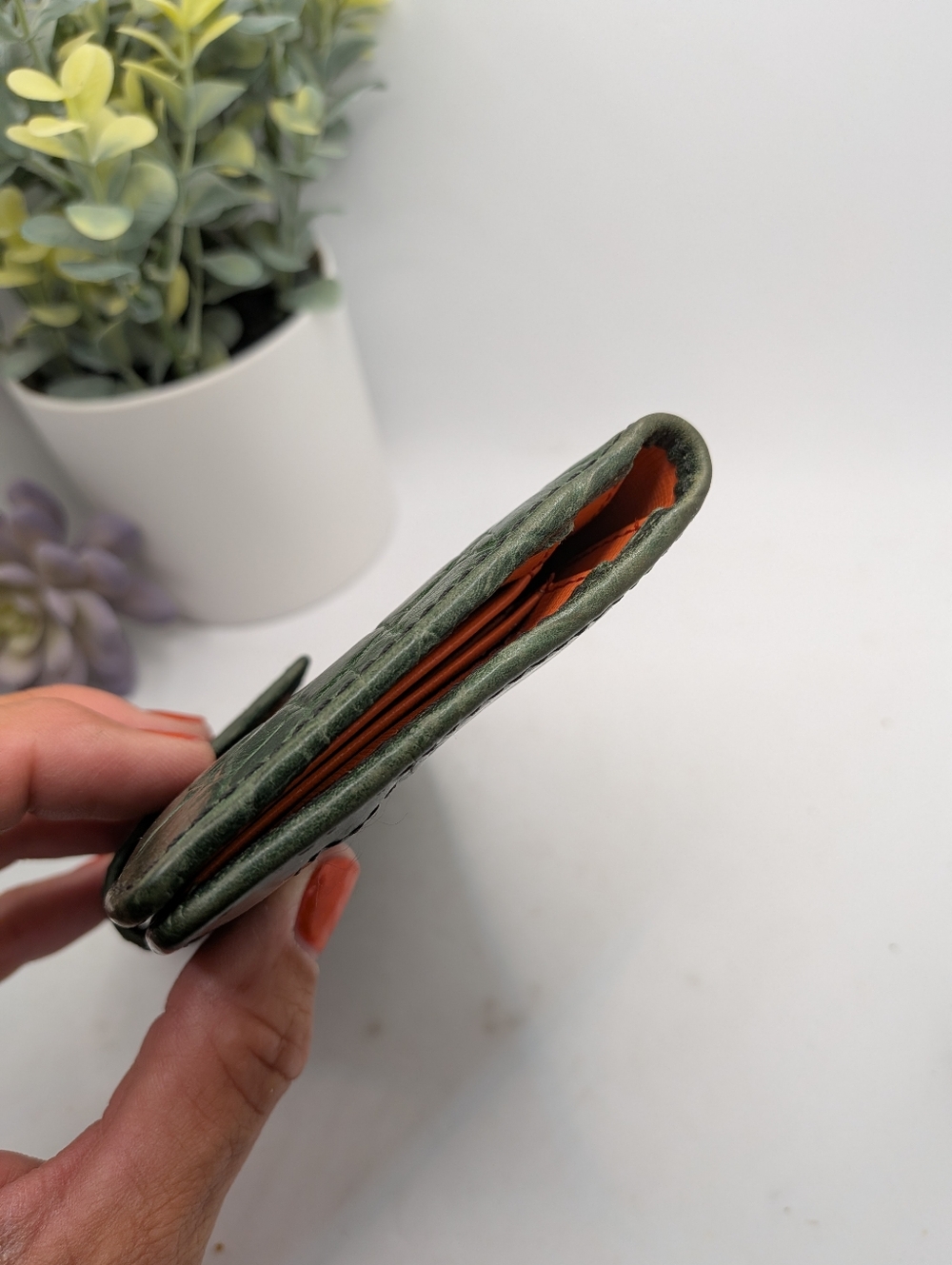 Fossil Green Croc Embossed Leather Slim Tab Wallet - Coral/ Orange Interior - Picture 3 of 7